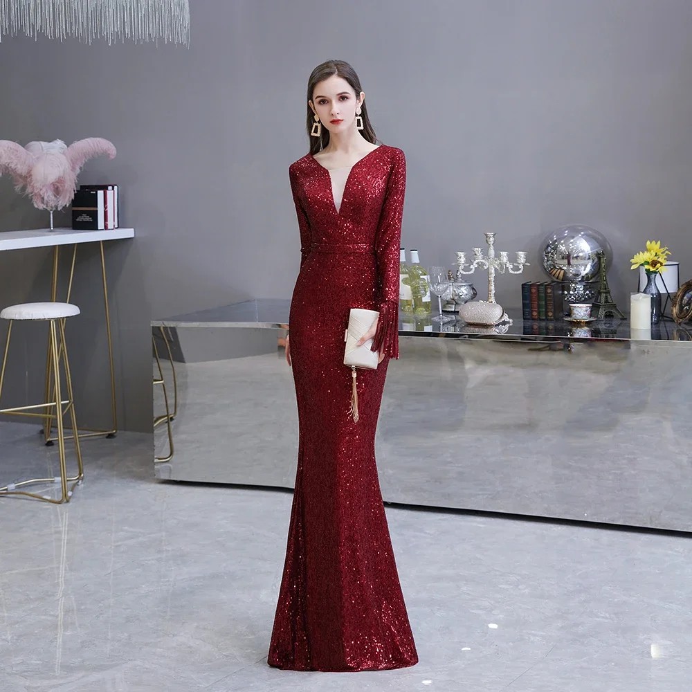 V-Neck Illusion  Dark Red Prom Dresses Gorgeous Burgundy Sequin Pleated Long Sleeve Mermaid Formal Gown 2025